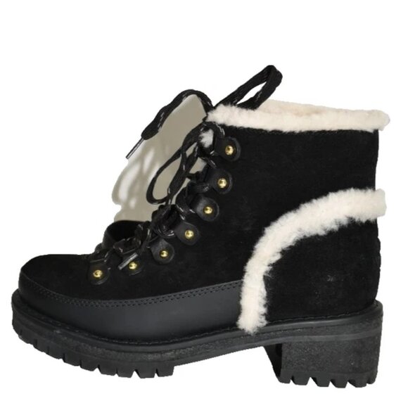 $550 TORY BURCH Cooper Suede Sheep Fur Lace Up Booties BLACK 6 (MG25) - Picture 2 of 8
